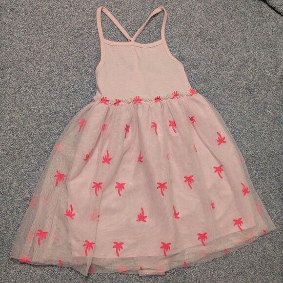 Cat & Jack Pink Layered Tulle Palm Tree Spaghetti Cross Back Strap Dress Size 5T - Picture 1 of 3